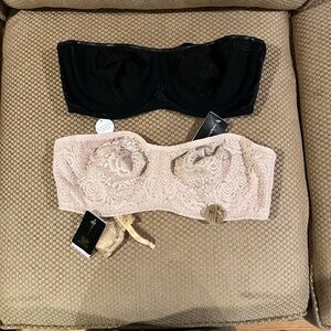 Wacoal Black Lace Bandeau and beige lace bandeau bras